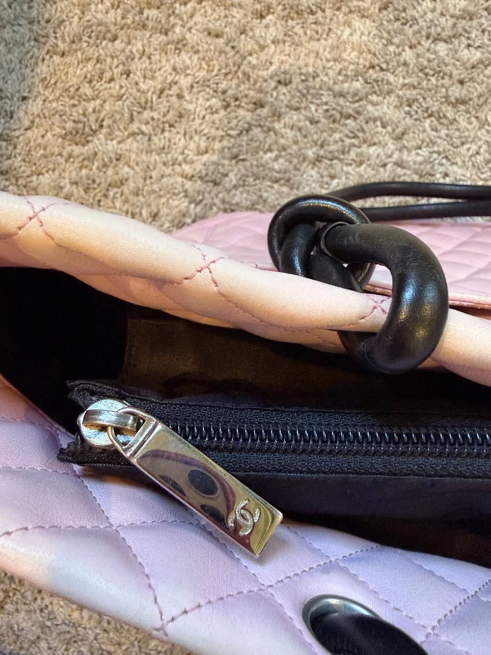 CHANEL Pink Quilted Tote with Black Trim and CC Logo